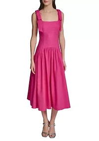 Women's Linen Midi Dress with Shoulder Bow