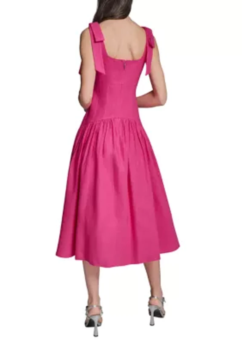 Women's Linen Midi Dress with Shoulder Bow