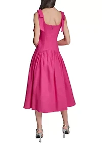 Women's Linen Midi Dress with Shoulder Bow