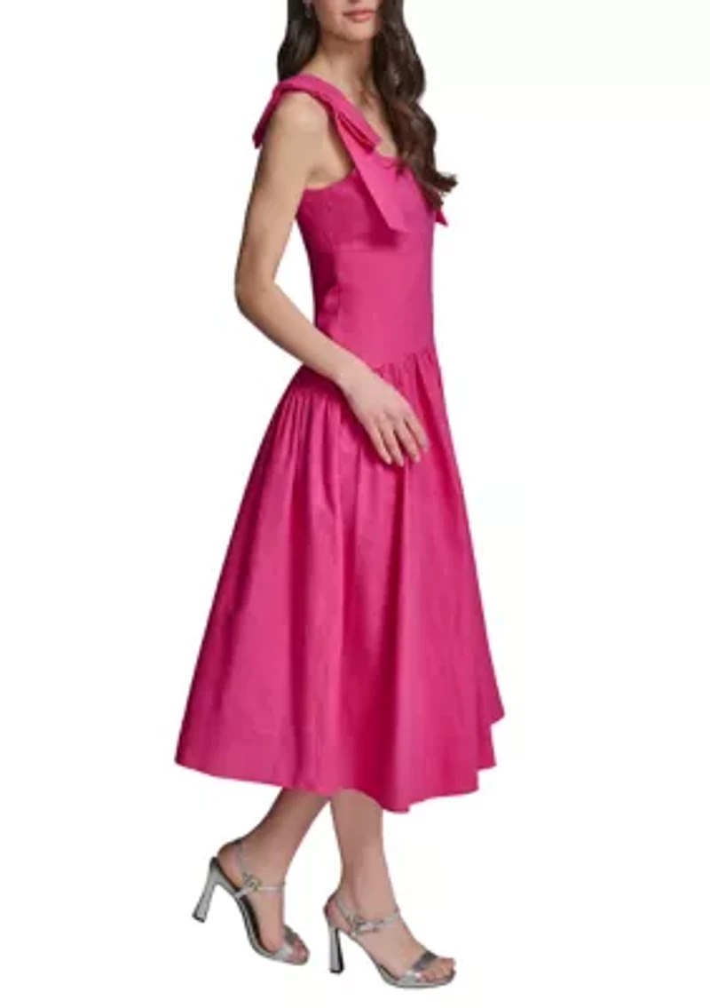 Women's Linen Midi Dress with Shoulder Bow