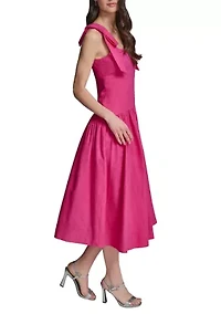 Women's Linen Midi Dress with Shoulder Bow