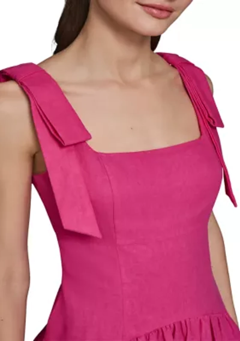 Women's Linen Midi Dress with Shoulder Bow