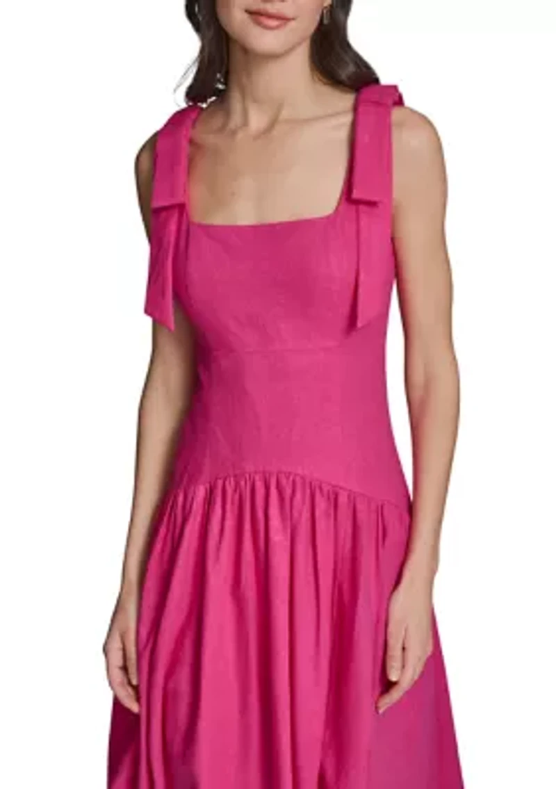 Women's Linen Midi Dress with Shoulder Bow