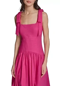Women's Linen Midi Dress with Shoulder Bow