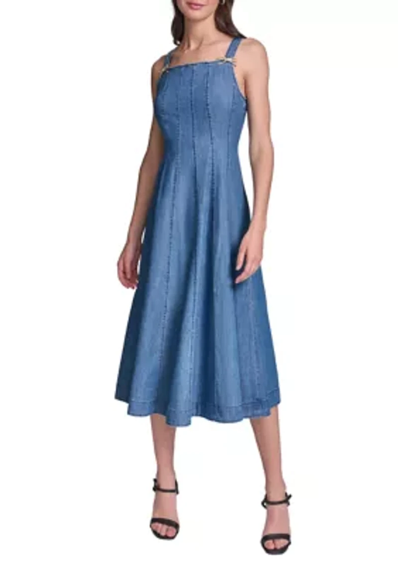 Women's Chambray Midi Dress with Bow Pins