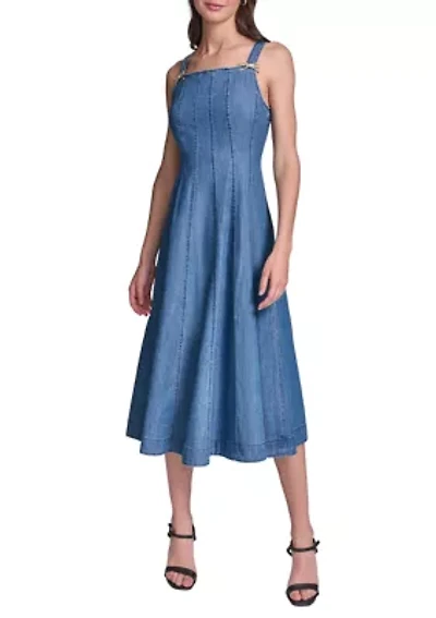 Women's Chambray Midi Dress with Bow Pins