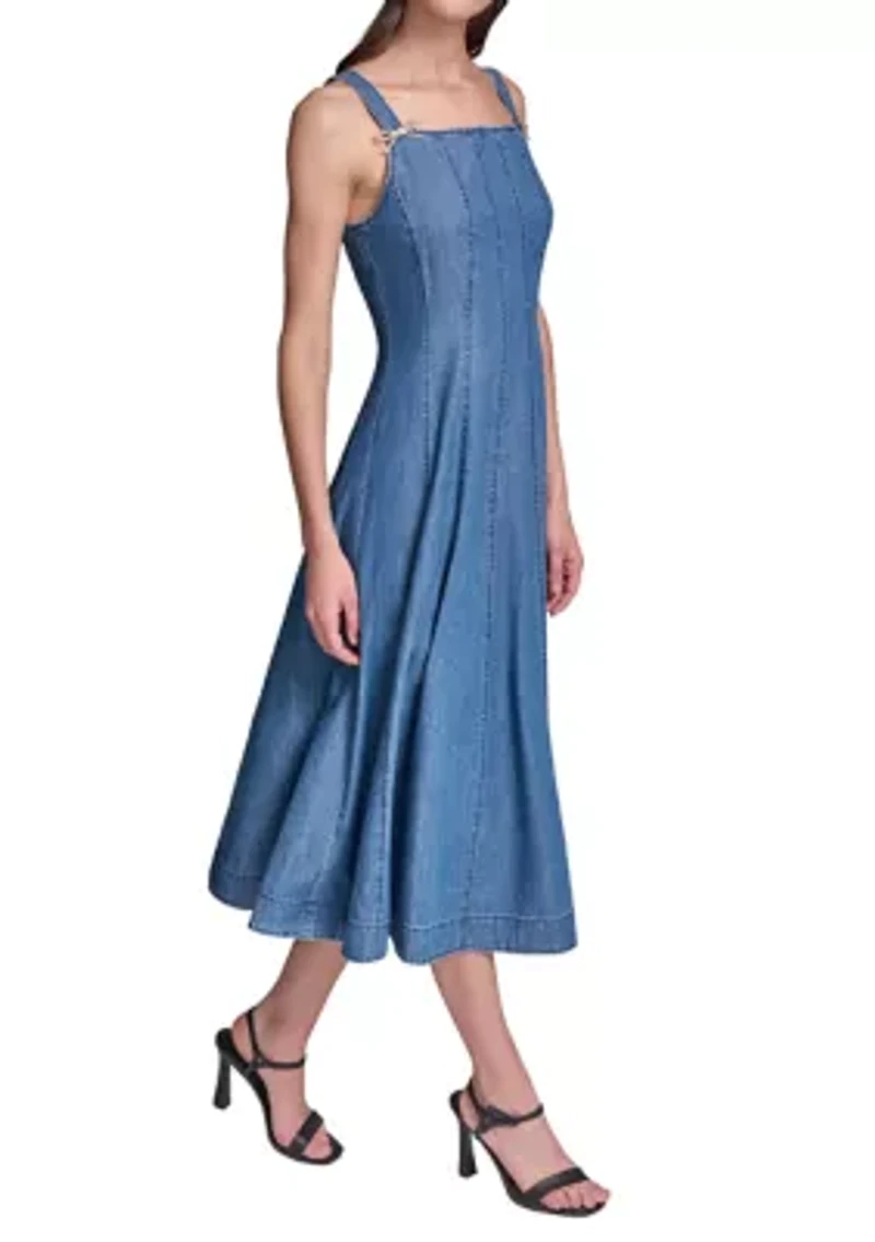 Women's Chambray Midi Dress with Bow Pins