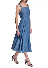Women's Chambray Midi Dress with Bow Pins