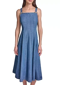 Women's Chambray Midi Dress with Bow Pins