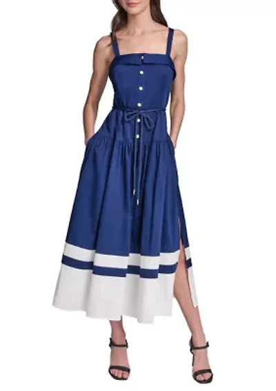 Women's Cotton Midi Dress with Contrast Border