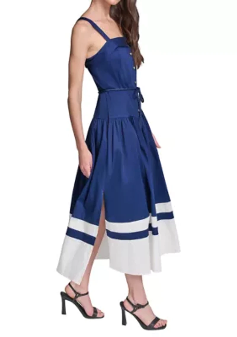 Women's Cotton Midi Dress with Contrast Border