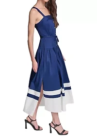 Women's Cotton Midi Dress with Contrast Border