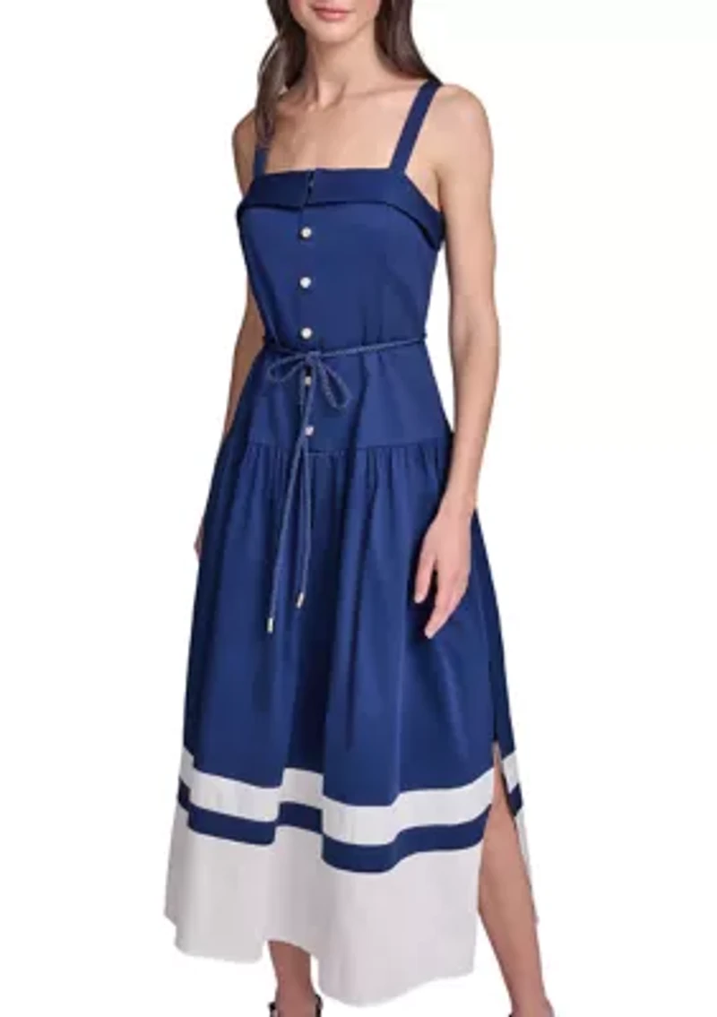 Women's Cotton Midi Dress with Contrast Border
