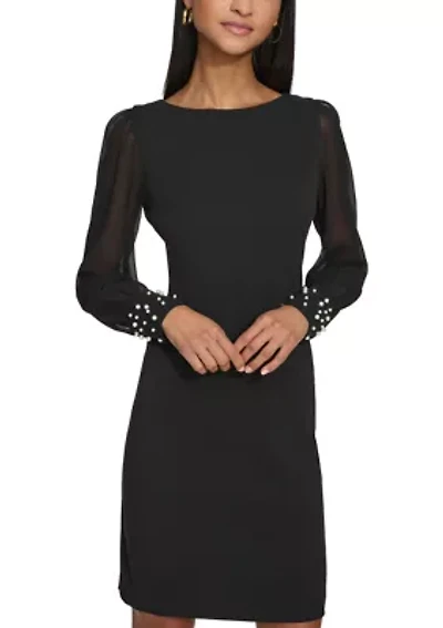 Women's Scuba Crepe Sheath Dress with Pearl Cuff