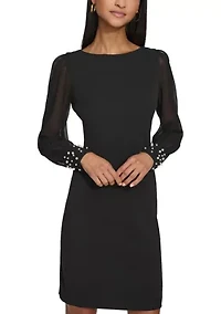 Women's Scuba Crepe Sheath Dress with Pearl Cuff