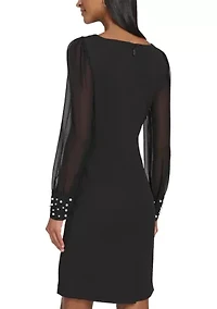 Women's Scuba Crepe Sheath Dress with Pearl Cuff