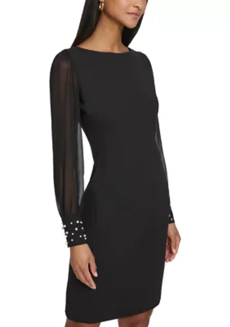Women's Scuba Crepe Sheath Dress with Pearl Cuff