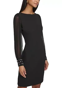 Women's Scuba Crepe Sheath Dress with Pearl Cuff