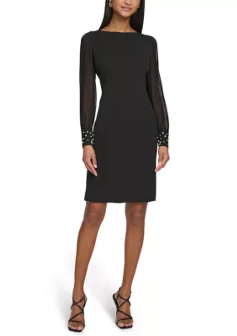 Women's Scuba Crepe Sheath Dress with Pearl Cuff