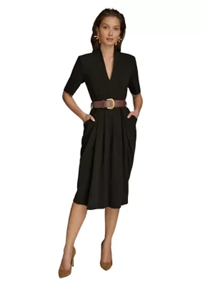 Women's Short Sleeve V-Neck Belted Solid Fit and Flare Dress