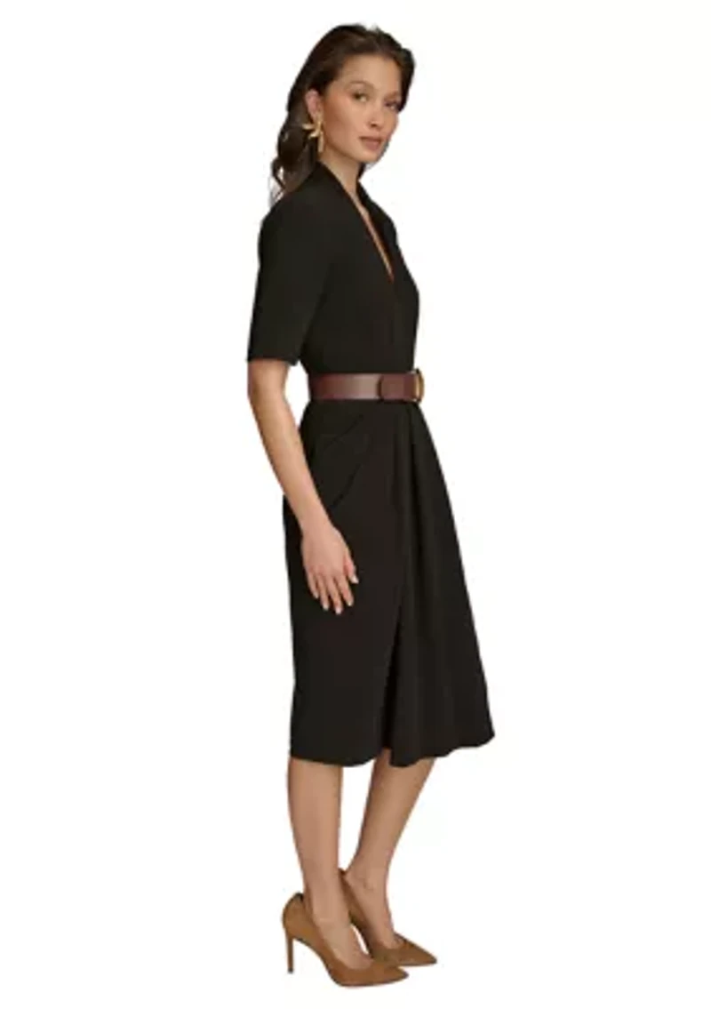 Women's Short Sleeve V-Neck Belted Solid Fit and Flare Dress