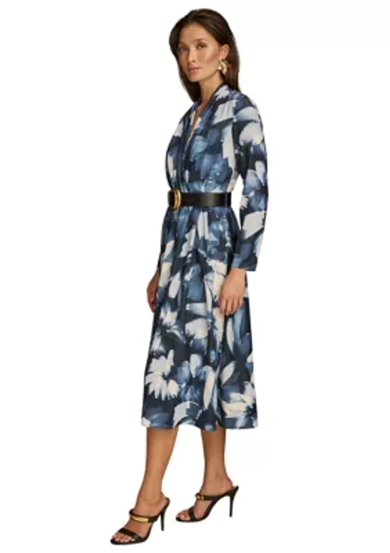 Plus Long Sleeve V-Neck Belted Floral Print Midi Dress