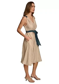 Women's Sleeveless V-Neck Solid Organza Fit and Flare Dress