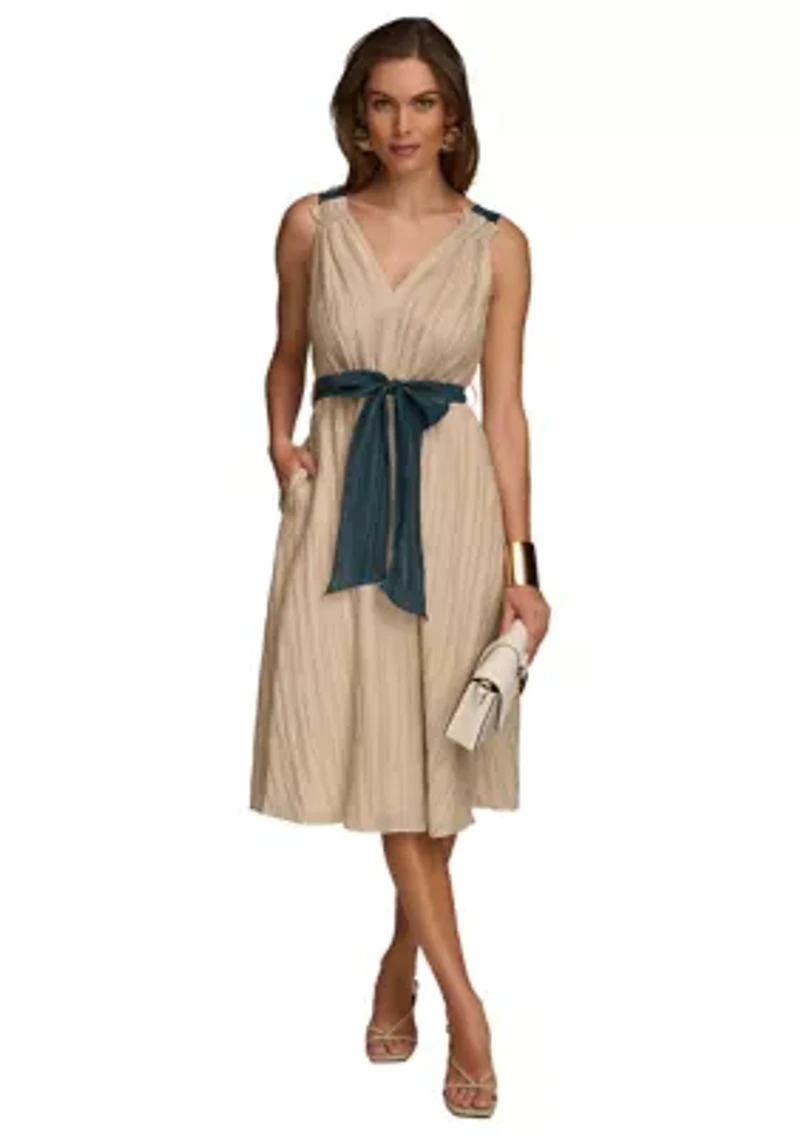 Women's Sleeveless V-Neck Solid Organza Fit and Flare Dress