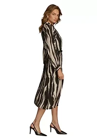 Women's Long Sleeve Stripe Print Belted Fit and Flare Dress