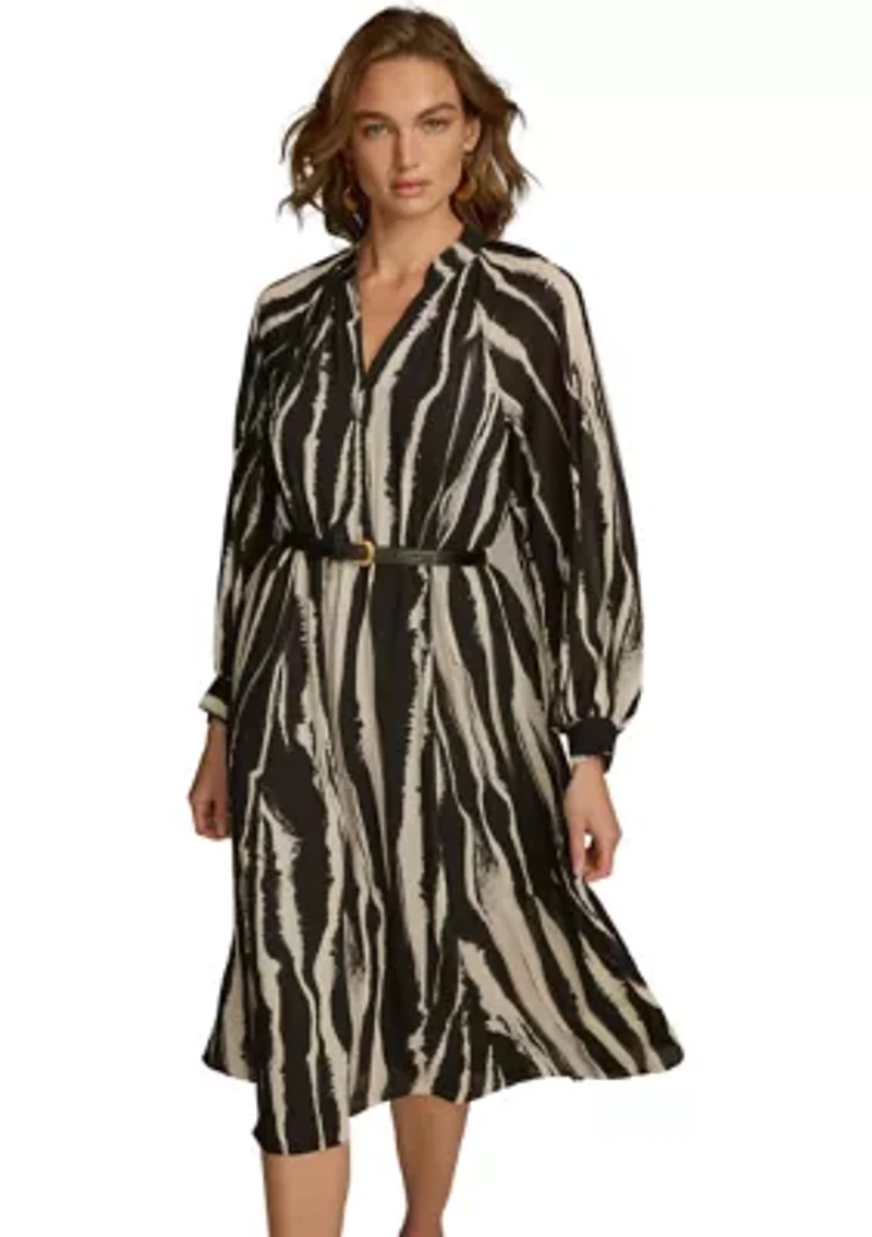 Women's Long Sleeve Stripe Print Belted Fit and Flare Dress