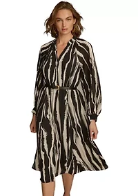 Women's Long Sleeve Stripe Print Belted Fit and Flare Dress