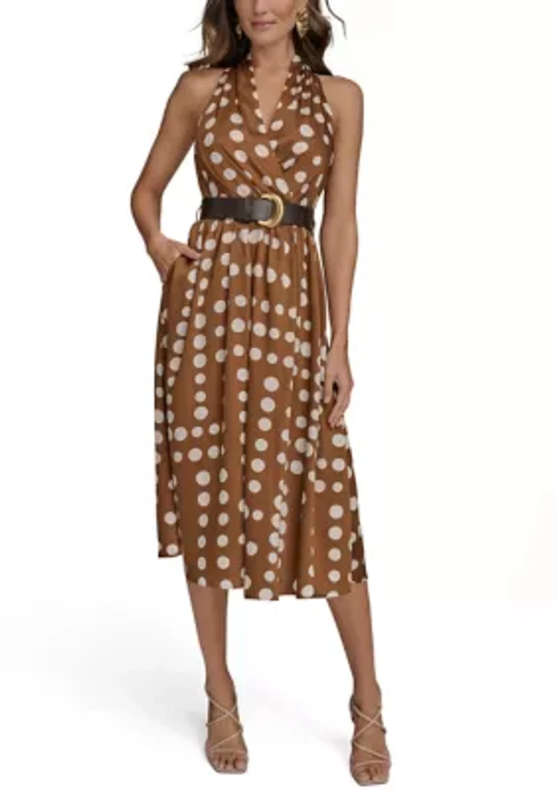Women's Sleeveless Halter Dot Print Belted Midi Fit and Flare Dress