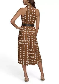 Women's Sleeveless Halter Dot Print Belted Midi Fit and Flare Dress