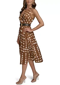 Women's Sleeveless Halter Dot Print Belted Midi Fit and Flare Dress