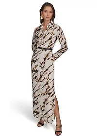 Women's Long Sleeve Collar Abstract Maxi Dress