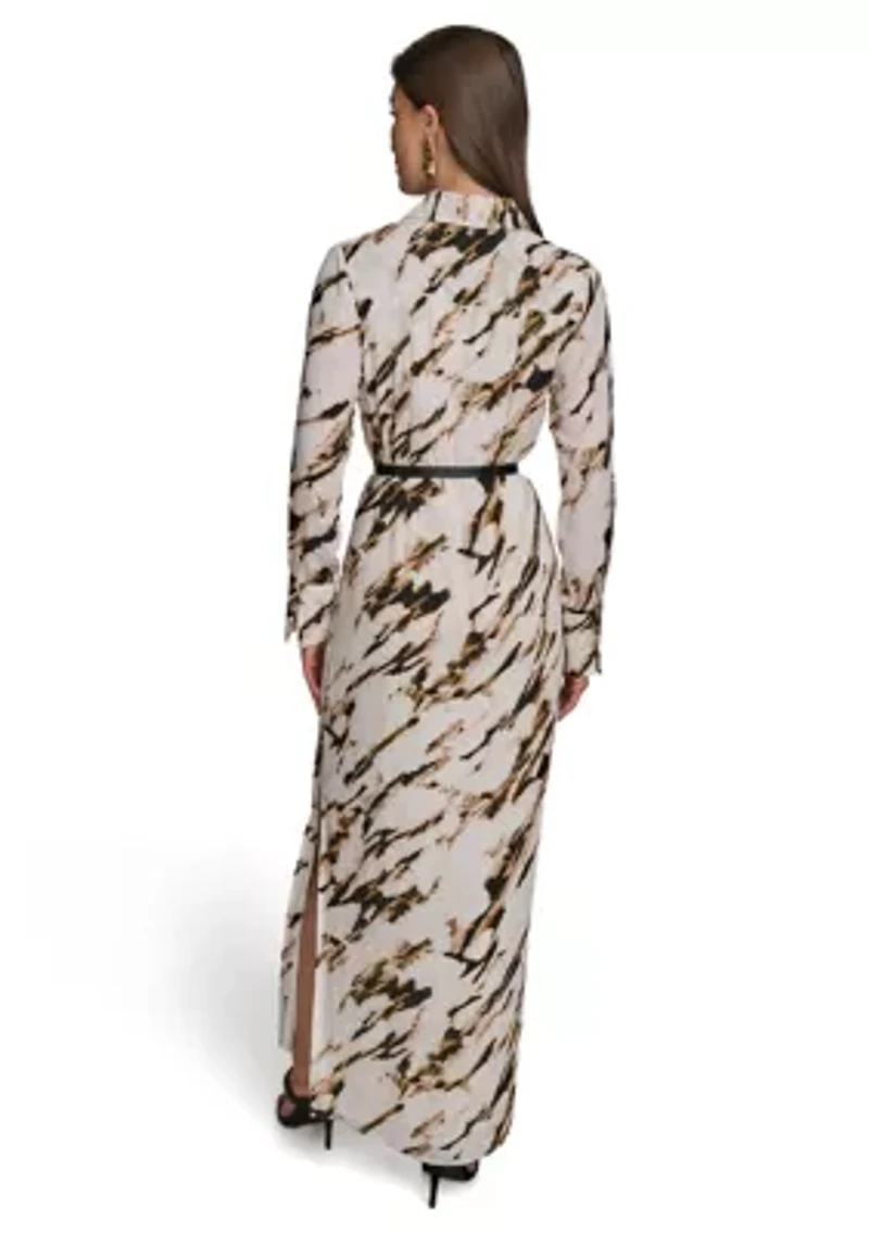 Women's Long Sleeve Collar Abstract Maxi Dress