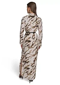 Women's Long Sleeve Collar Abstract Maxi Dress