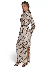Women's Long Sleeve Collar Abstract Maxi Dress