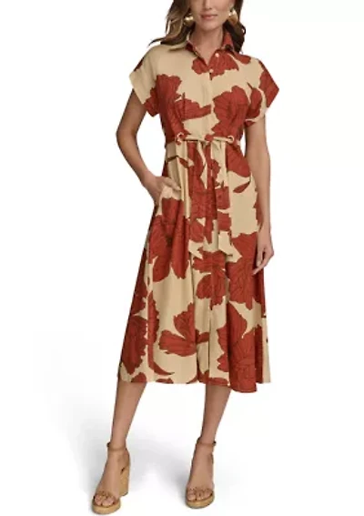 Women's Short Sleeve Collar Neck Floral Print Midi Dress