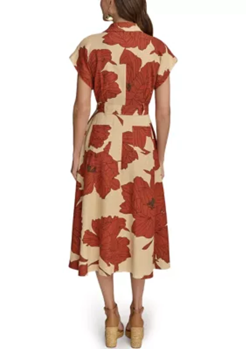 Women's Short Sleeve Collar Neck Floral Print Midi Dress