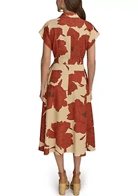 Women's Short Sleeve Collar Neck Floral Print Midi Dress