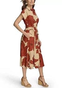 Women's Short Sleeve Collar Neck Floral Print Midi Dress