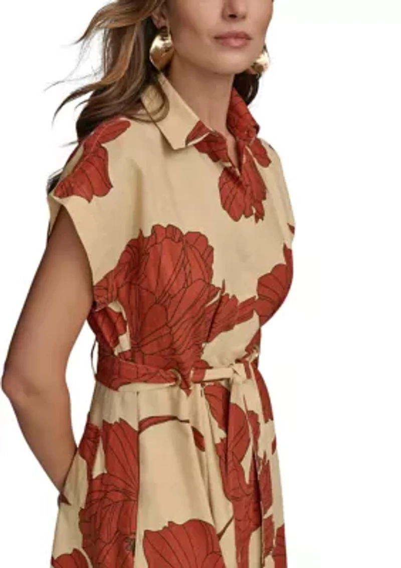 Women's Short Sleeve Collar Neck Floral Print Midi Dress