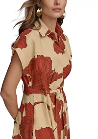 Women's Short Sleeve Collar Neck Floral Print Midi Dress