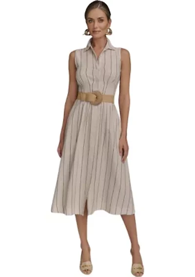 Women's Sleeveless Collar Neck Stripe Print Midi Dress