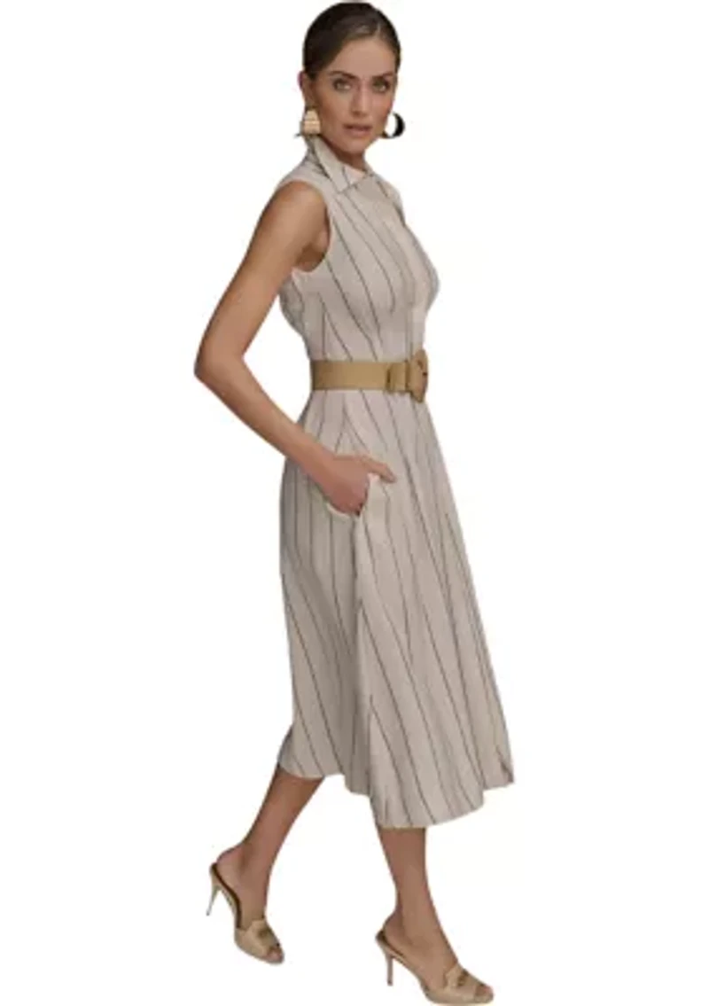 Women's Sleeveless Collar Neck Stripe Print Midi Dress