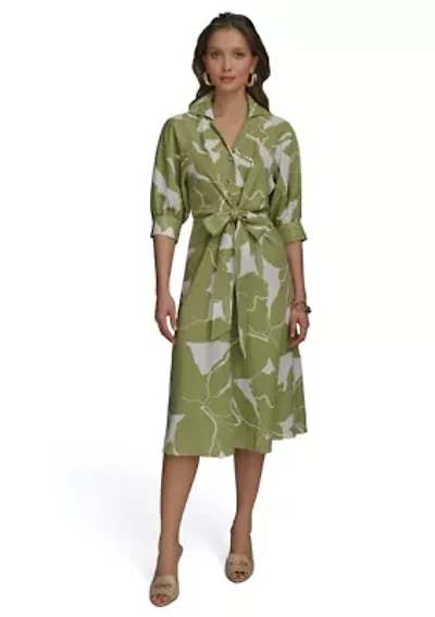 Women's 3/4 Collar Floral Printed Belted Fit and Flare Dress