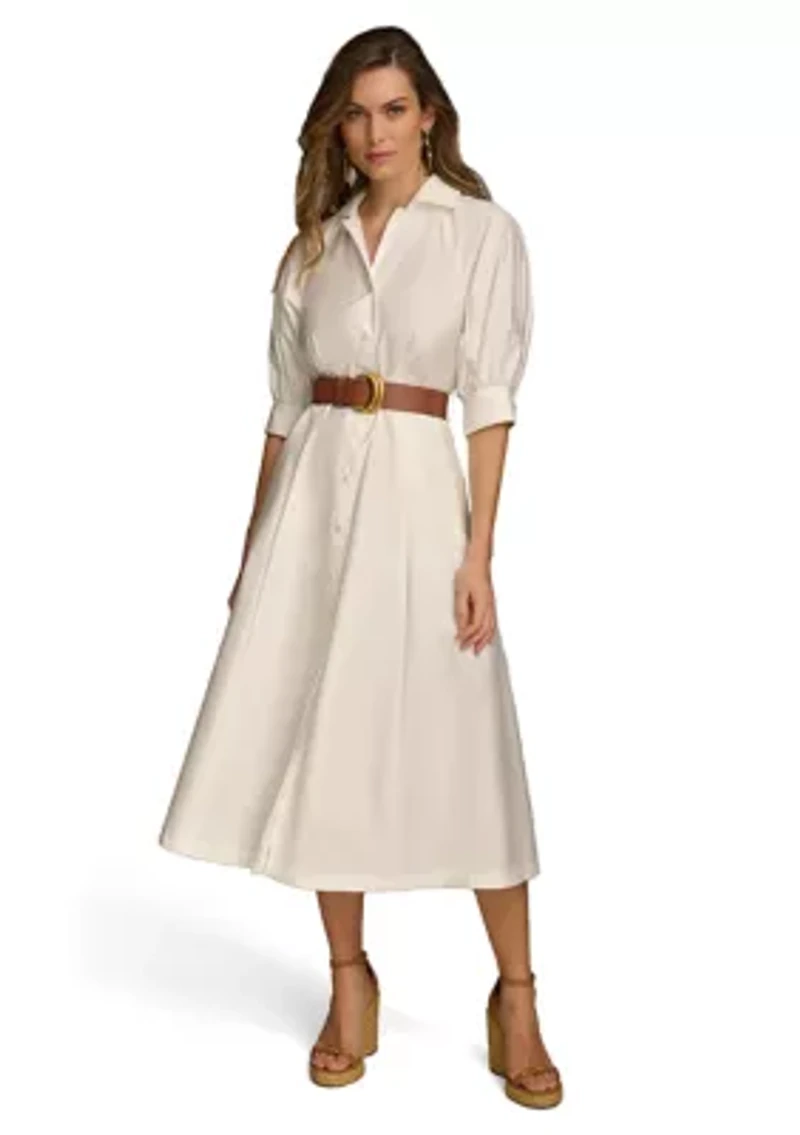 Women's Solid Belted Fit and Flare Shirtdress