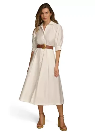 Women's Solid Belted Fit and Flare Shirtdress