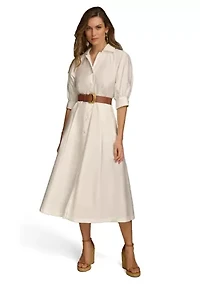 Women's Solid Belted Fit and Flare Shirtdress